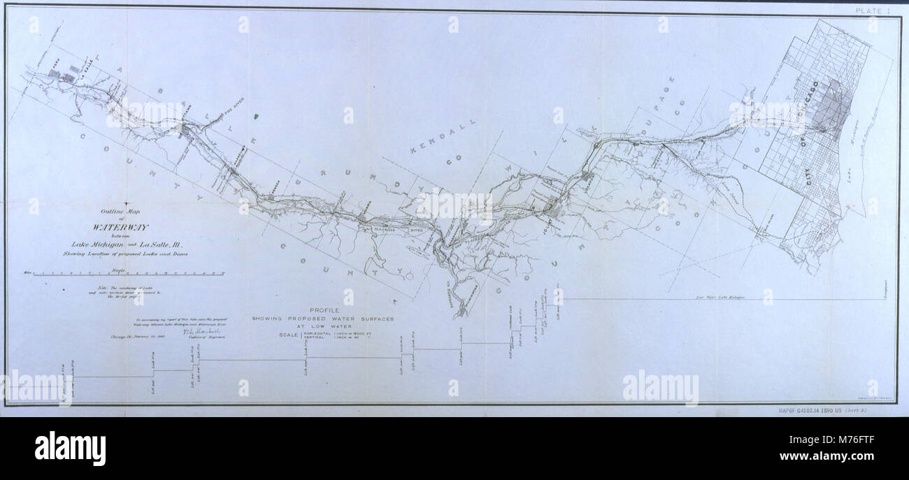 Übersichtskarte der Wasserstraße zwischen Lake Michigan und La Salle, Illinois mit Darstellung der geplanten... (NBY 1515) Stockfoto
