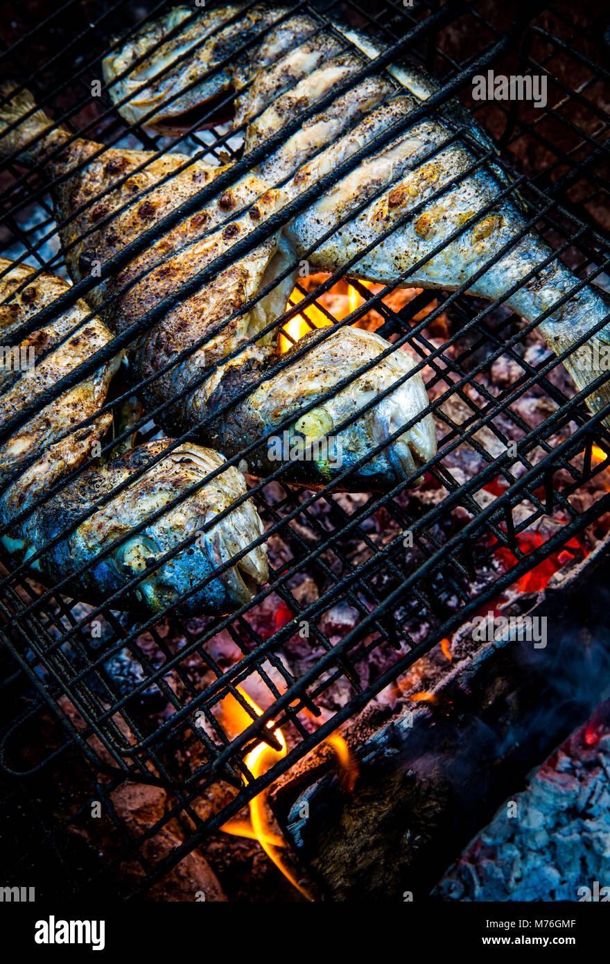 Nahaufnahme der Fisch Kochen auf dem Grill Stockfoto