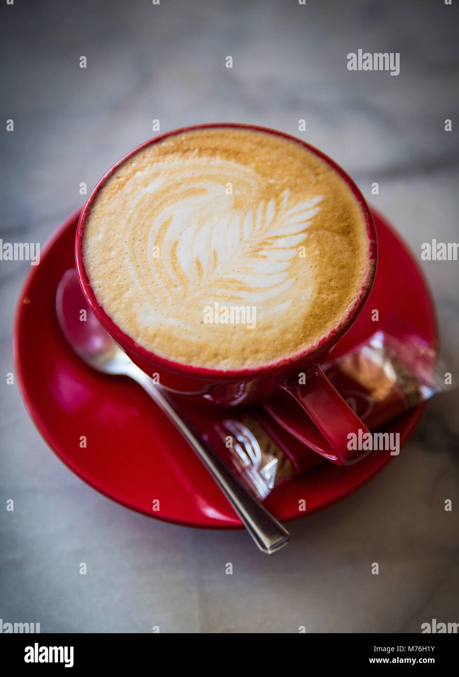 Tasse Cappuccino mit Neuseeland Farn gebildet in der Schaum in einem roten Keramik Tasse und Untertasse auf grauem Marmor Tisch serviert. Stockfoto