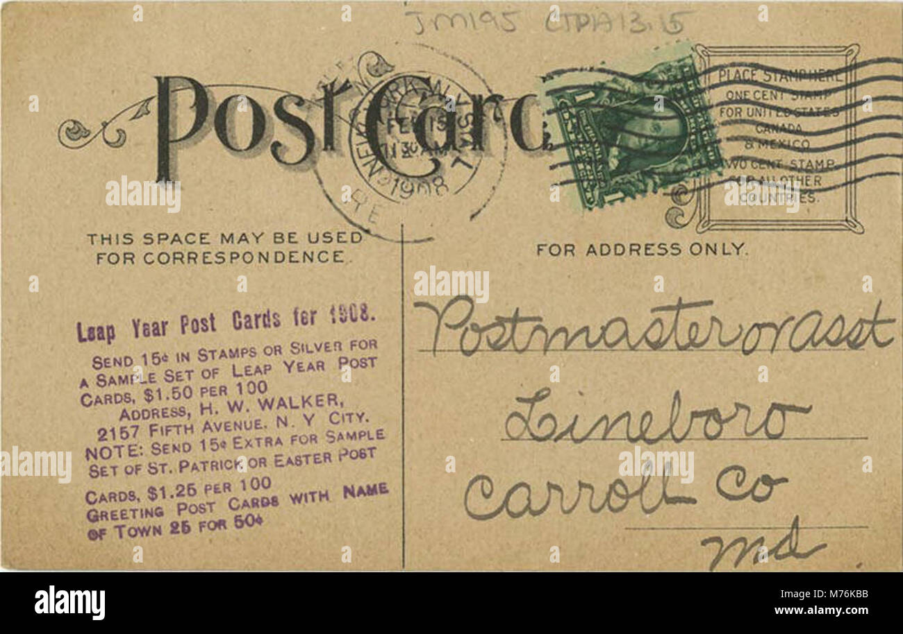 Eine Beispielpostkarte aus dem Jahr 1908, entworfen, um das Schaltjahr mit einem humorvollen Zeichentrick zu feiern. Schaltjahr-Postkarten waren Anfang des 20. Jahrhunderts beliebt, oft mit unbeschwerten Themen. Stockfoto