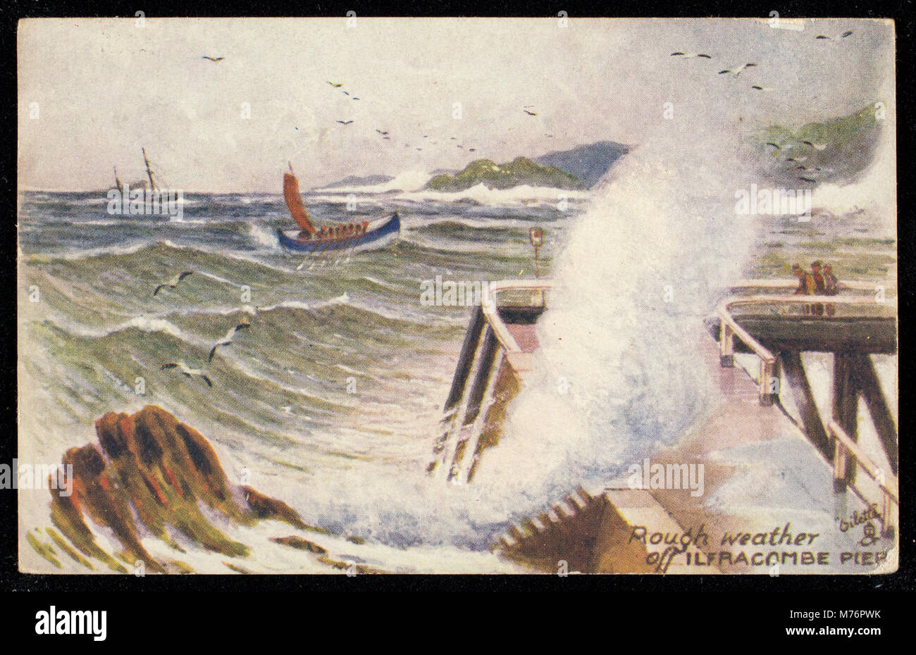 Eine dramatische Szene mit rauem Wetter vor dem Ilfracombe Pier, die die intensiven Meereswellen und die natürlichen Kräfte einfängt, die die Küstenlandschaft prägen. Stockfoto