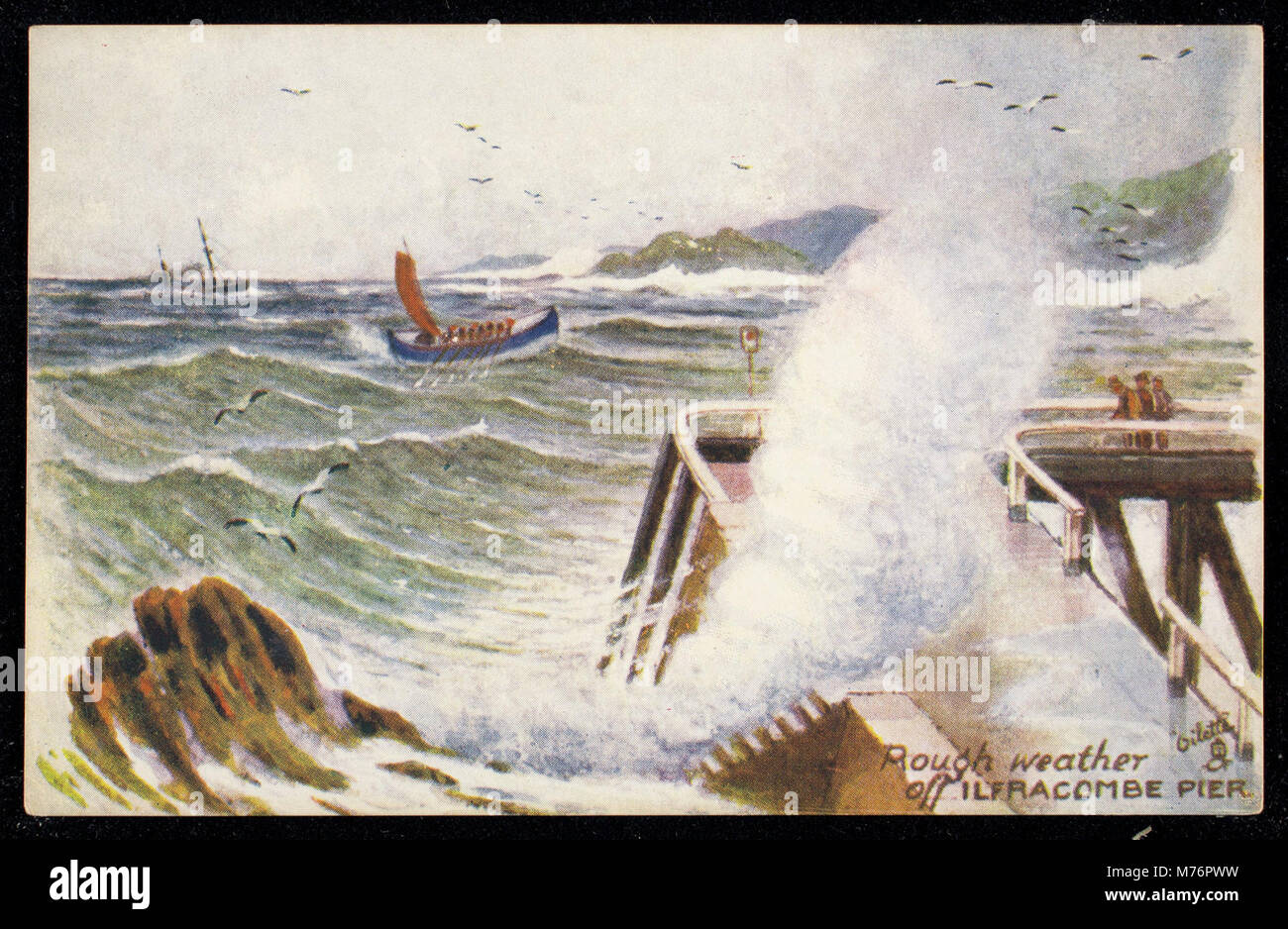 Eine Darstellung des rauen Wetters vor dem Ilfracombe Pier, die die intensiven Meeresbedingungen und die maritime Atmosphäre der Gegend während eines Sturms erfasst. Stockfoto