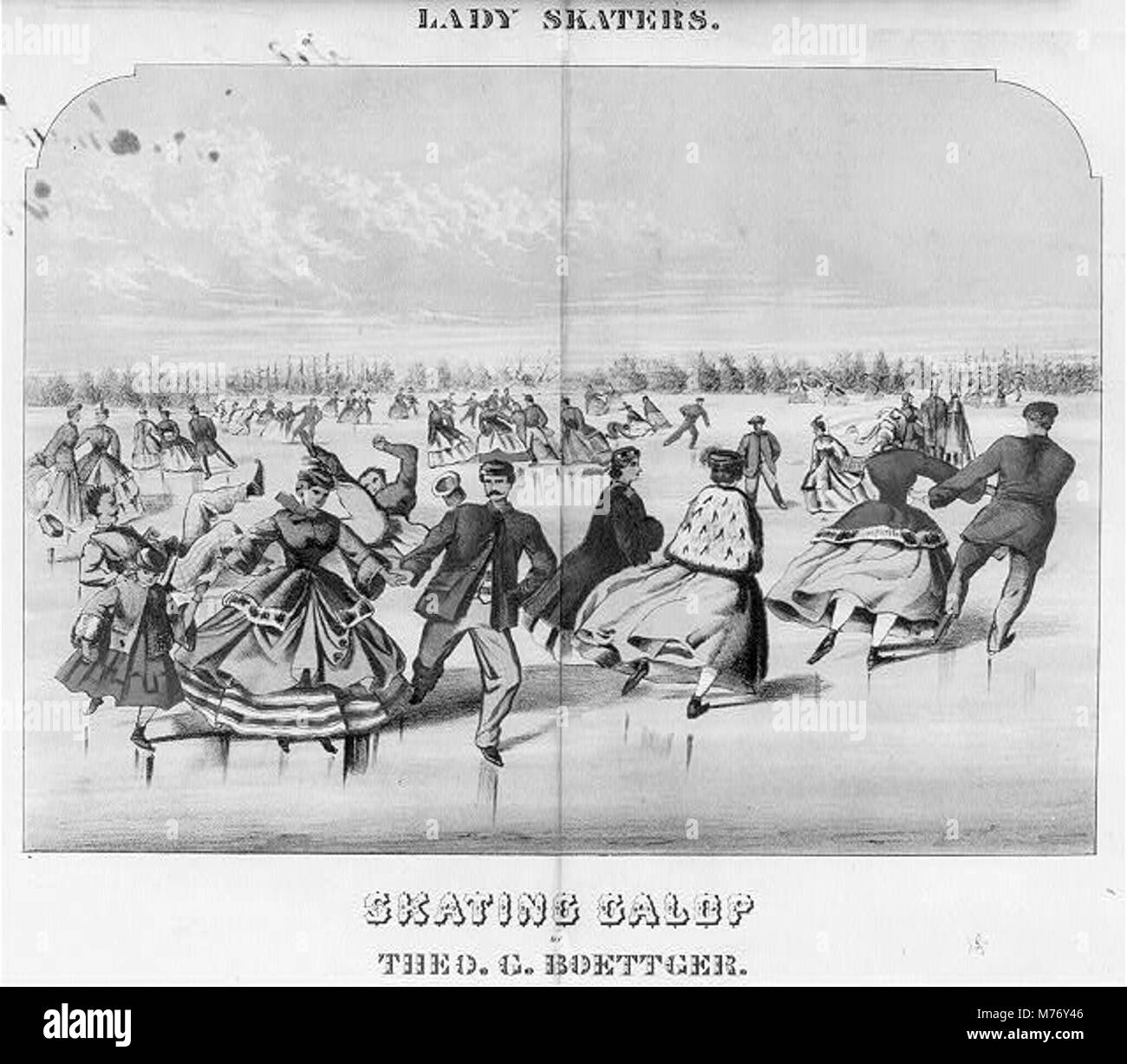 Eine musikalische Partitur mit dem Titel „Skating Galop“ von Theo G. Boettger, die eine lebhafte, energische Komposition widerspiegelt, die im 19. Jahrhundert beliebt war und oft mit Winterfestlichkeiten in Verbindung gebracht wurde. Stockfoto