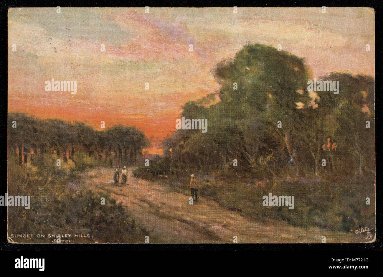 Dieses Bild fängt einen wunderschönen Sonnenuntergang über Shirley Hills in Surrey ein und zeigt die natürliche Schönheit der englischen Landschaft mit ihren sanften Hügeln und dem ruhigen Himmel. Stockfoto