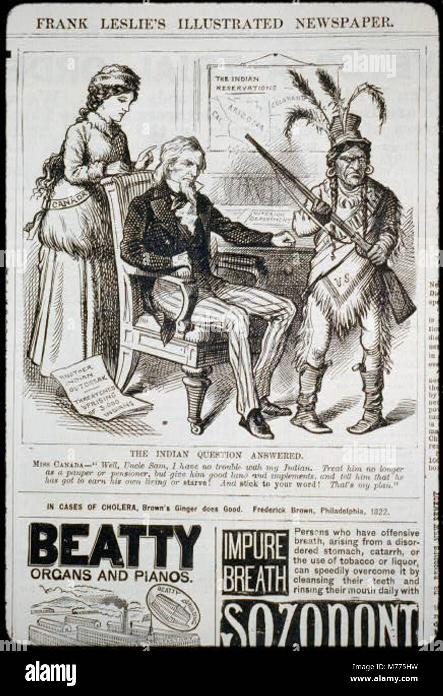 Ein politischer Cartoon, der sich mit der „Indianerfrage“ in den Vereinigten Staaten befasst und die unterschiedlichen Beziehungen zwischen den USA und Kanada zu den indigenen Völkern mit Onkel Sam als zentraler Figur darstellt. Stockfoto