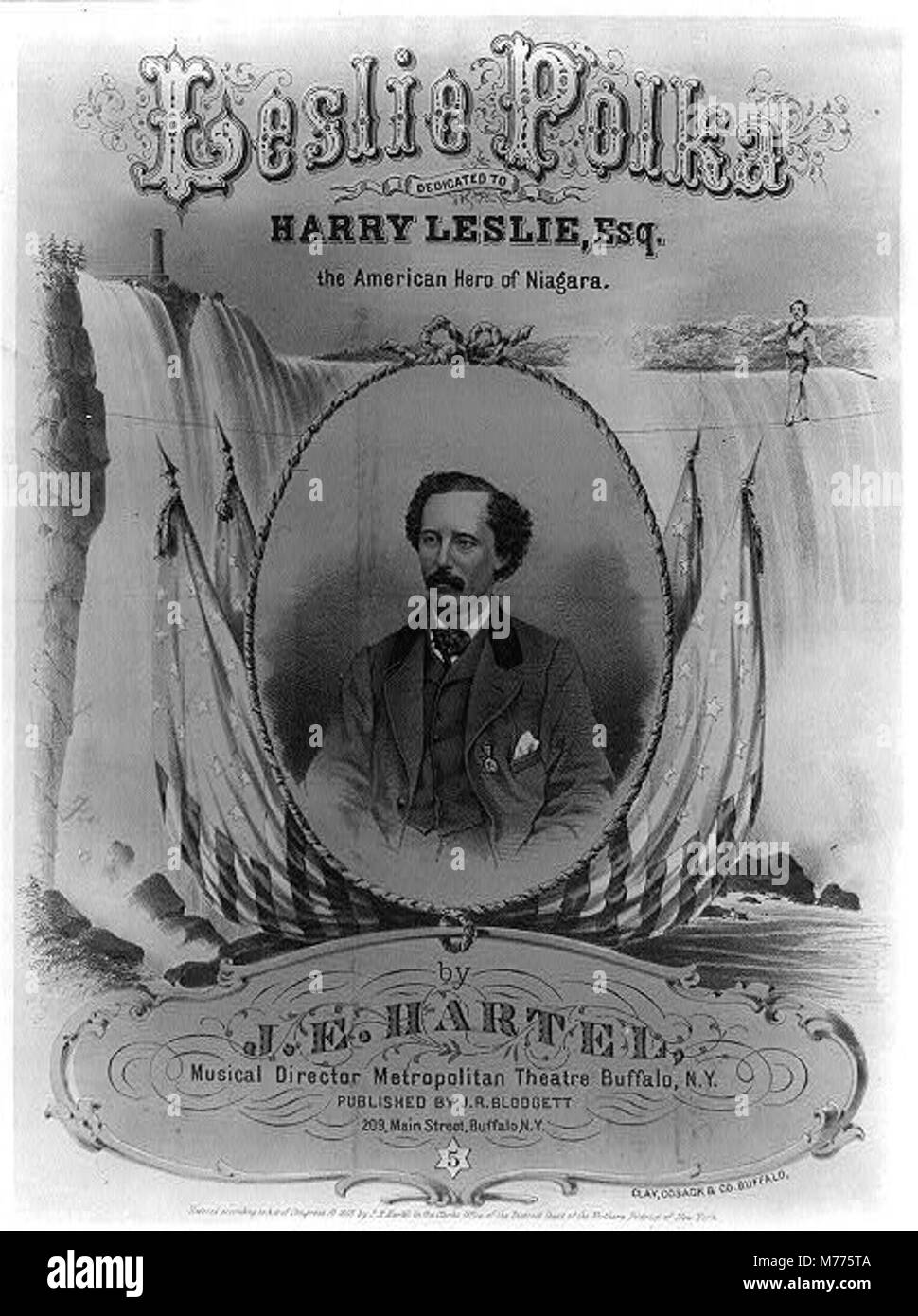 Ein Notenbuch für „The Leslie Polka“, eine musikalische Komposition, die den populären Polka-Tanzstil widerspiegelt, der im 19. Jahrhundert üblich war. Das Bild zeigt ein typisches Design für Notenblätter der Periode. Stockfoto