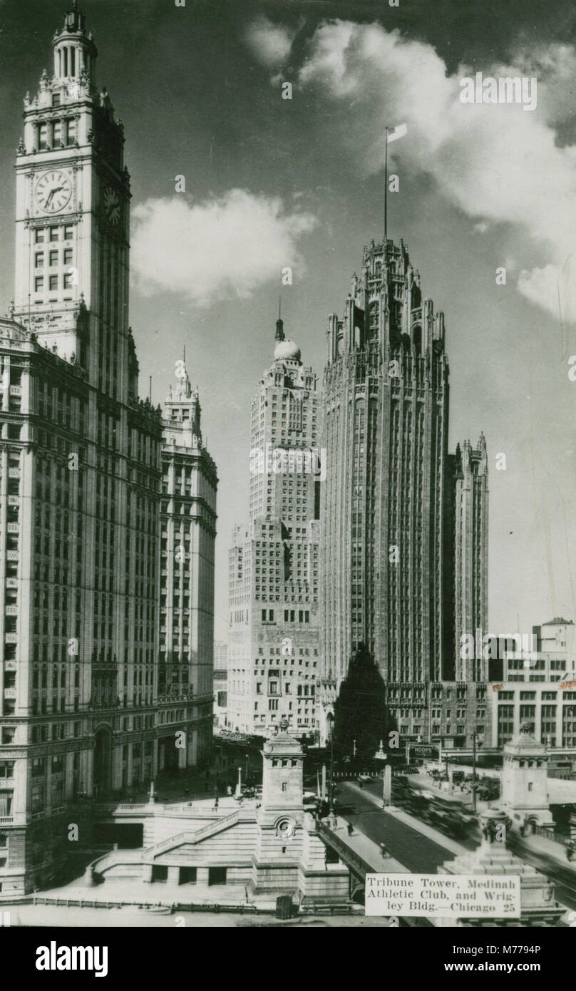 Tribune Tower, der Medinah Athletic Club und Wrigley Building, Chicago, 1940 s (NBY 3036) Stockfoto