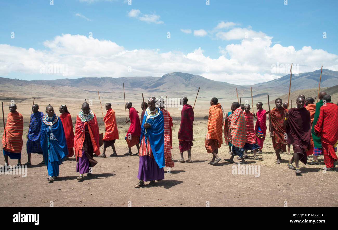 Masai Stammesangehörigen einen traditionellen Tanz in der Ngorongoro Conservation Area, Tazania, Ostafrika, Südafrika Stockfoto