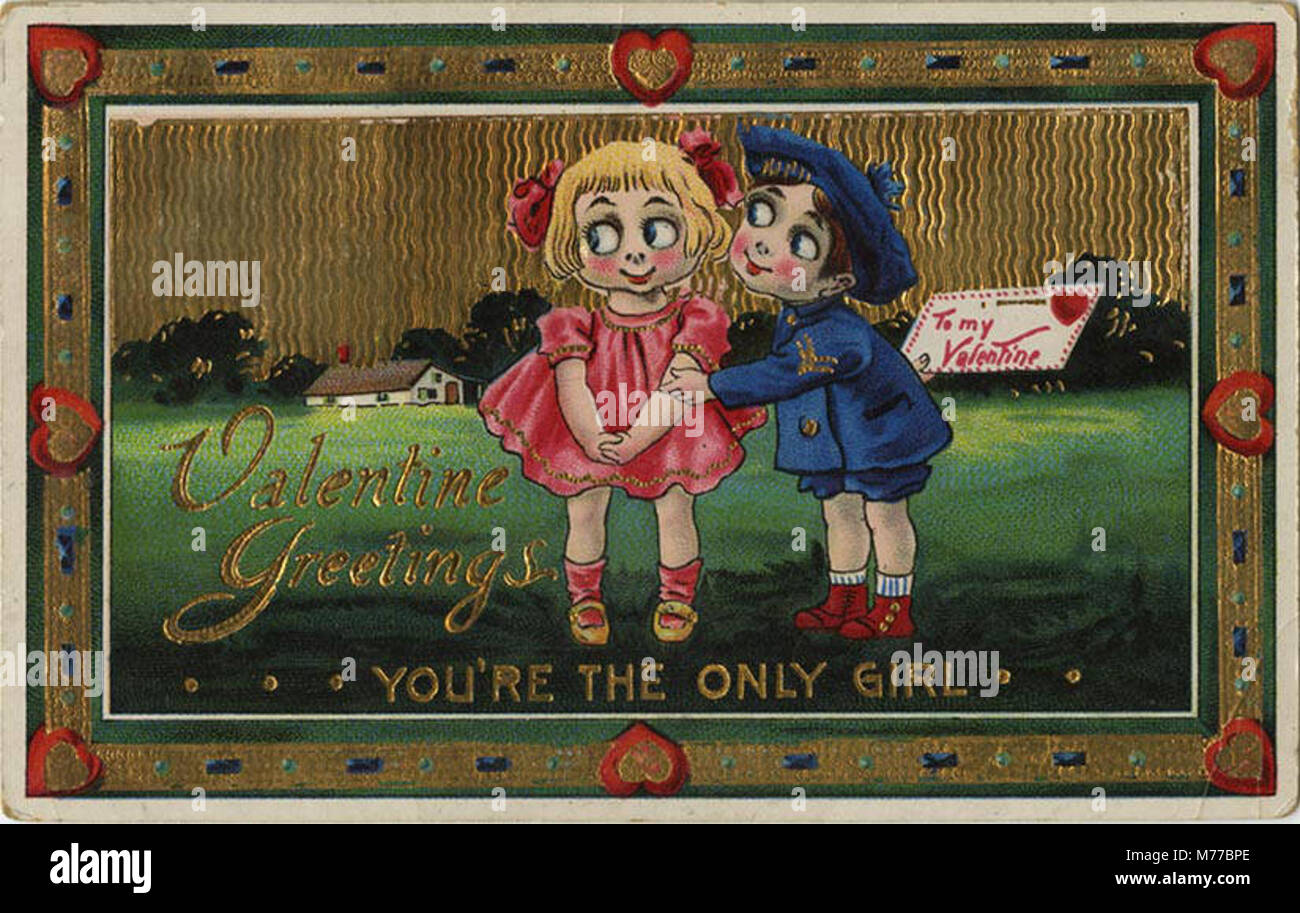 Diese Vintage-Postkarte zeigt einen Valentinstag-Gruß mit dem Titel „You're the Only Girl“, der die romantische Stimmung im Amerika des frühen 20. Jahrhunderts widerspiegelt. Stockfoto