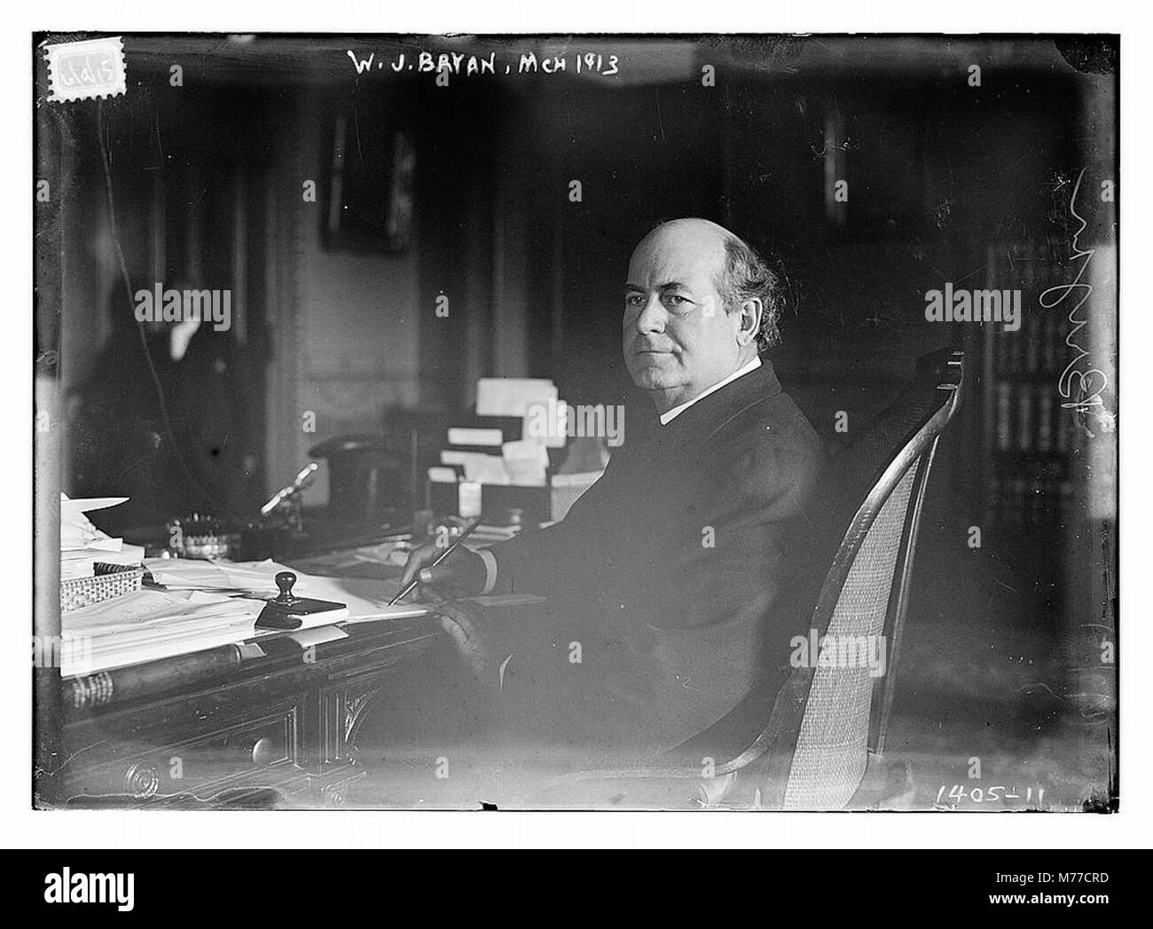 Ein Porträt von W. J. Bryan, einem bedeutenden amerikanischen Politiker und Redner, der vor allem für seine Rollen in der Demokratischen Partei und seine Befürwortung progressiver Anliegen im späten 19. Und frühen 20. Jahrhundert bekannt ist. Stockfoto