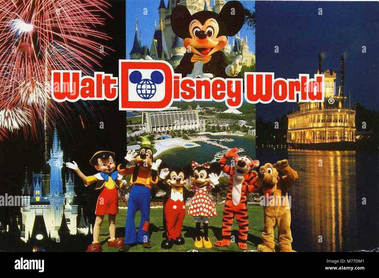 Dieses Bild zeigt Charaktere aus Disney World, darunter Mickey Mouse, Pinocchio, Goofy, Minnie Mouse, Tigger und Pluto. Diese beliebten Charaktere sind ein zentraler Bestandteil des Erlebnisses des Freizeitparks und ziehen Besucher aus der ganzen Welt an. Stockfoto