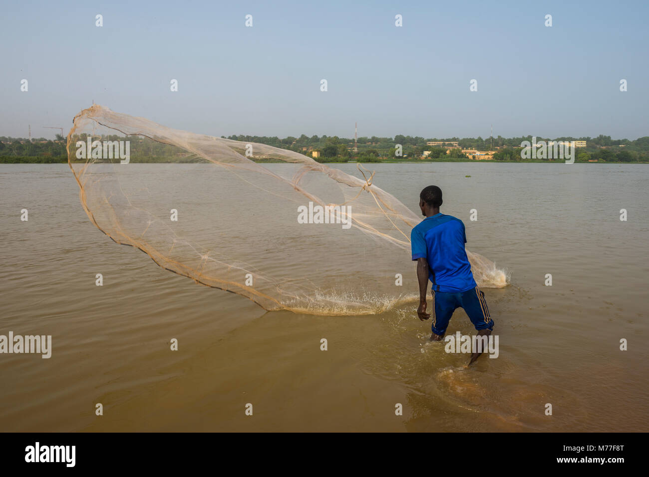 Fischer wirft seine Fischernetz in den Fluss Niger, Niamey, Niger, Afrika Stockfoto