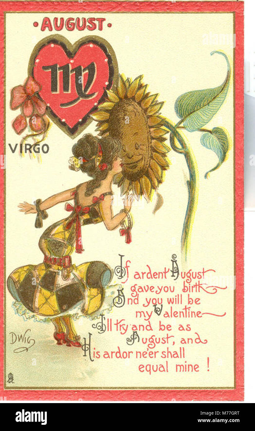 Eine alte Valentinskarte aus der Zodiac-Serie von Raphael Tuck & Sons, gedruckt in Sachsen. Die Karte zeigt künstlerische Illustrationen mit einem von „Dwig“ signierten Design, das künstlerische Trends des frühen 20. Jahrhunderts in Grußkarten widerspiegelt. Stockfoto