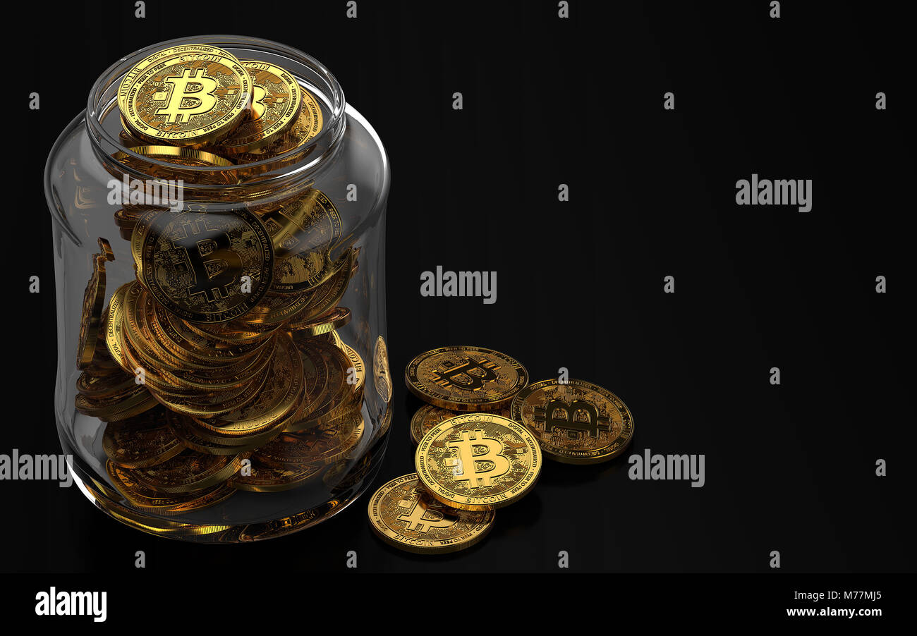 In Glasbehälter Bitcoin als schlecht weg, die cryptocurrencies sicheres Konzept. Auf schwarzem Hintergrund isoliert. 3D-Rendering Stockfoto