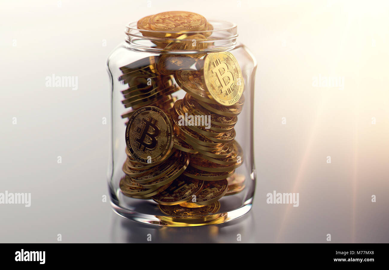 Jar voller Bitcoins. Gute Gewohnheiten bei der Speicherung von cryptocurrencies Konzept. Realistische 3D-Rendering Stockfoto