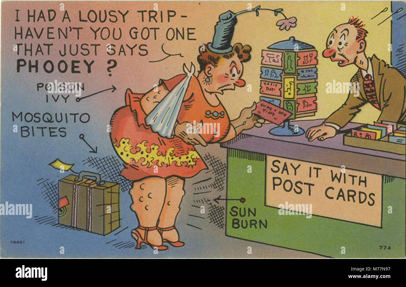 Ein humorvoller Cartoon, der eine Frau zeigt, die von ihrem Urlaub enttäuscht ist und eine Postkarte sucht, auf der sarkastisch „phooey“ steht, und einen komödiantischen Moment festhält. Stockfoto