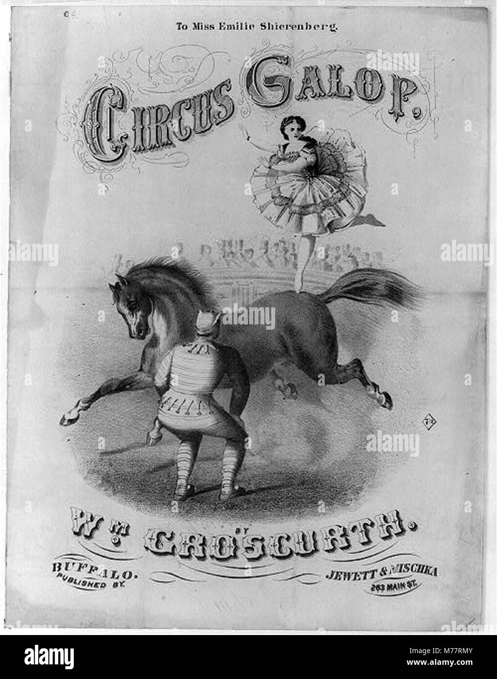 Dieses Notenbuch illustriert die Komposition Circus Galop, die Miss Emilie Shierenberg gewidmet ist. Das Design zeigt ein lebhaftes Zirkusthema mit auffälliger Typografie und lebhaften Farben, die die energetische Natur des Stücks widerspiegeln. Stockfoto