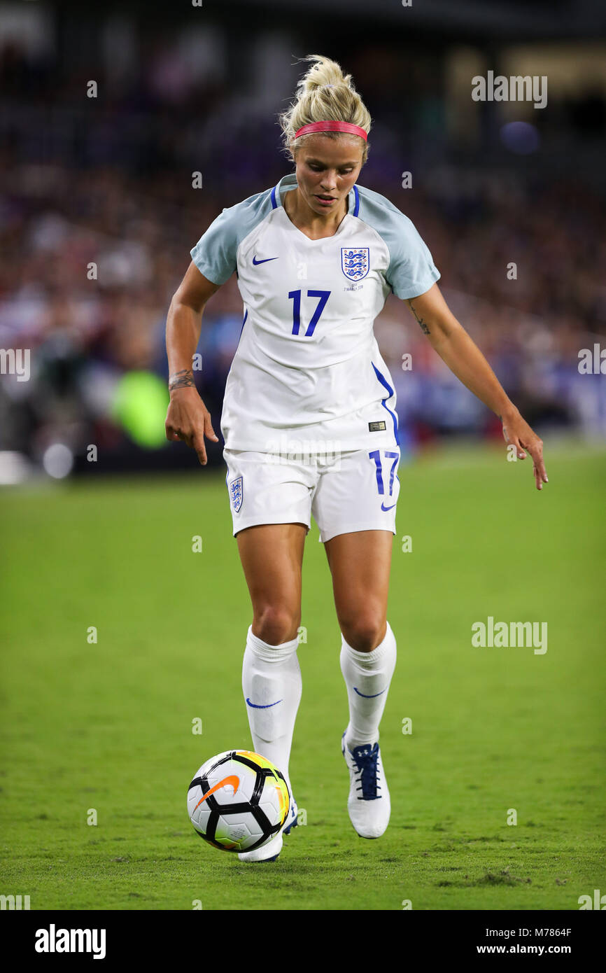 Orlando, Florida, USA. 7 Mär, 2018. England defender Rachel Daly (17), die in Aktion in der zweiten Hälfte der SheBelieves Cup Frauen Match zwischen Nationalmannschaft der USA Frauen und der englischen Frauen Nationalmannschaft am Orlando City Stadium in Orlando, Florida. USA gewann 1:0. Credit: Mario Houben/ZUMA Draht/Alamy leben Nachrichten Stockfoto