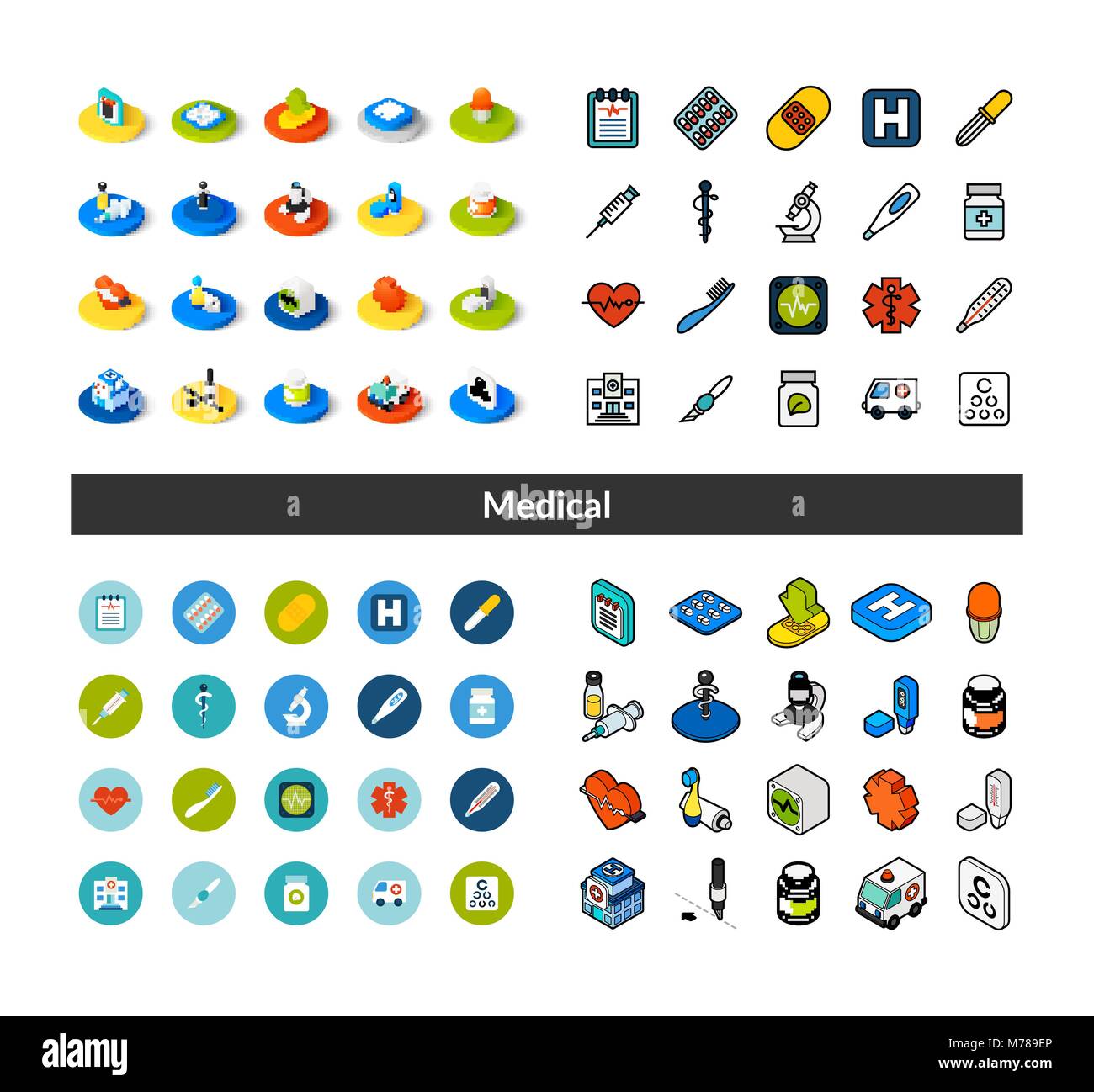 Set von Icons in verschiedenen Stil - isometrische flach und Otline, farbige und schwarze Versionen Stock Vektor