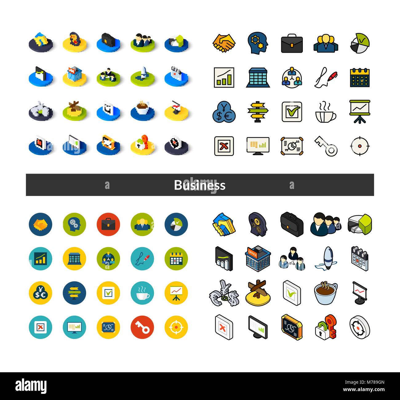 Set von Icons in verschiedenen Stil - isometrische flach und Otline, farbige und schwarze Versionen Stock Vektor