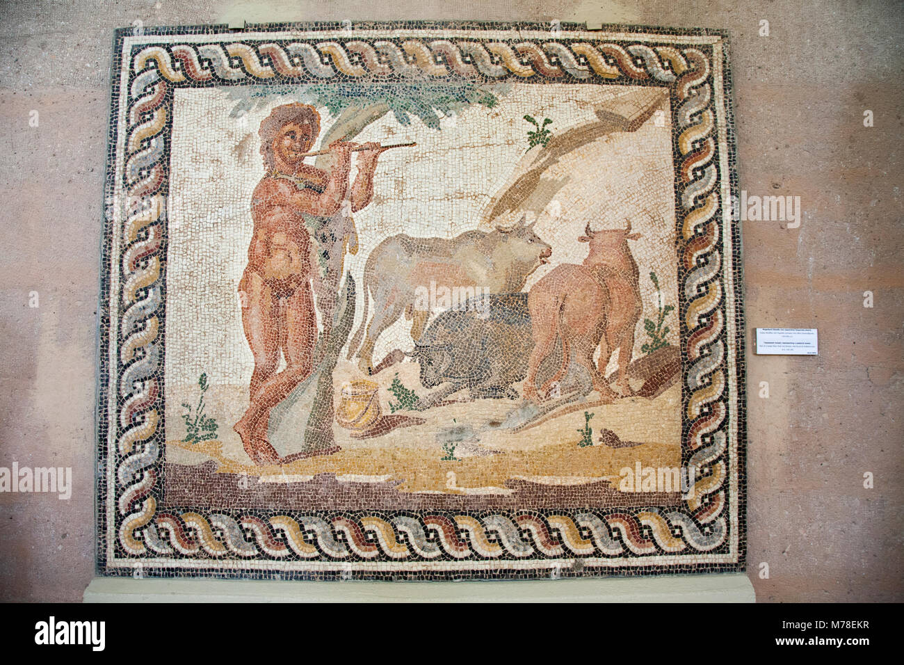 Europa, Griechenland, Peloponnes, Alt-korinth, Archäologisches Museum, Mosaik aus einer Etage einer römischen Villa, die eine pastorale Szene Stockfoto