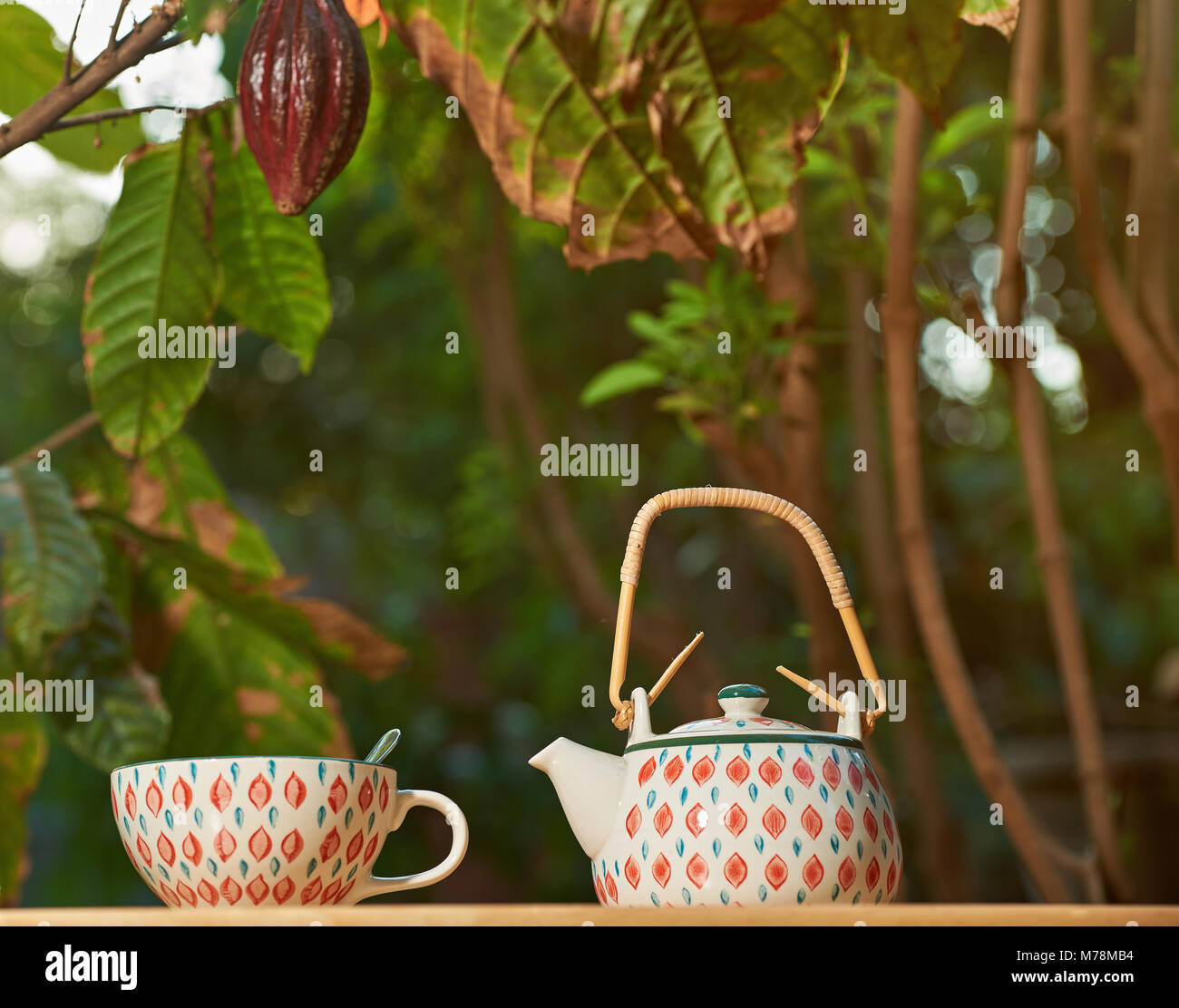 Schokolade Tasse mit Topf auf Holztisch und Unschärfe grünen Garten Hintergrund Stockfoto