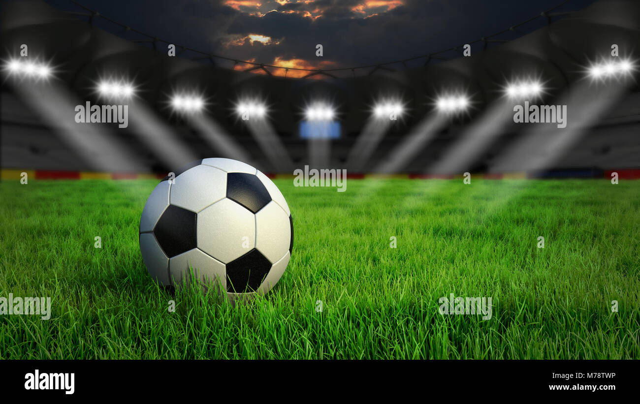 Ball auf Gras im Fußball-Stadion mit Beleuchtung in der Nacht, 3D-Rendering Stockfoto