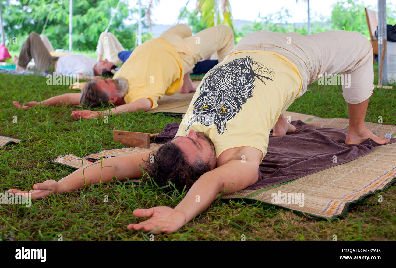 Im mittleren Alter Männer ihre Becken Anheben mit ihren Waffen auf Gras gestreckt. Sie tragen Sie leichte Kleidung, die Teilnahme an Yoga Retreat in Fidschi Insel. Und Stockfoto