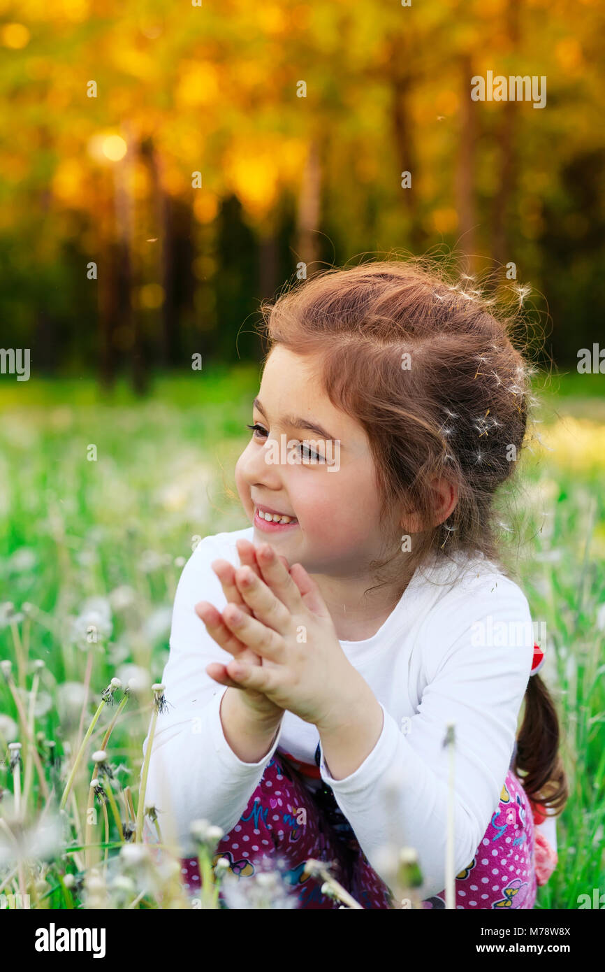 Schöne kleine Kind lächelnd mit Löwenzahn Blume im Sommer Park bei Sonnenuntergang Stockfoto