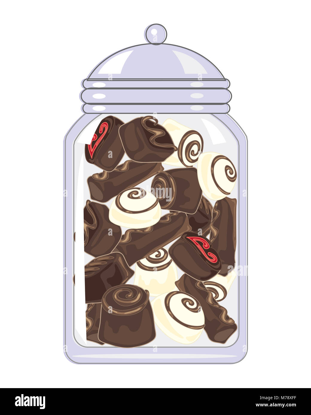 Eine Abbildung von einem Glas voller Phantasie custom made Schokolade für ein Geschenk auf weißem Hintergrund Stockfoto