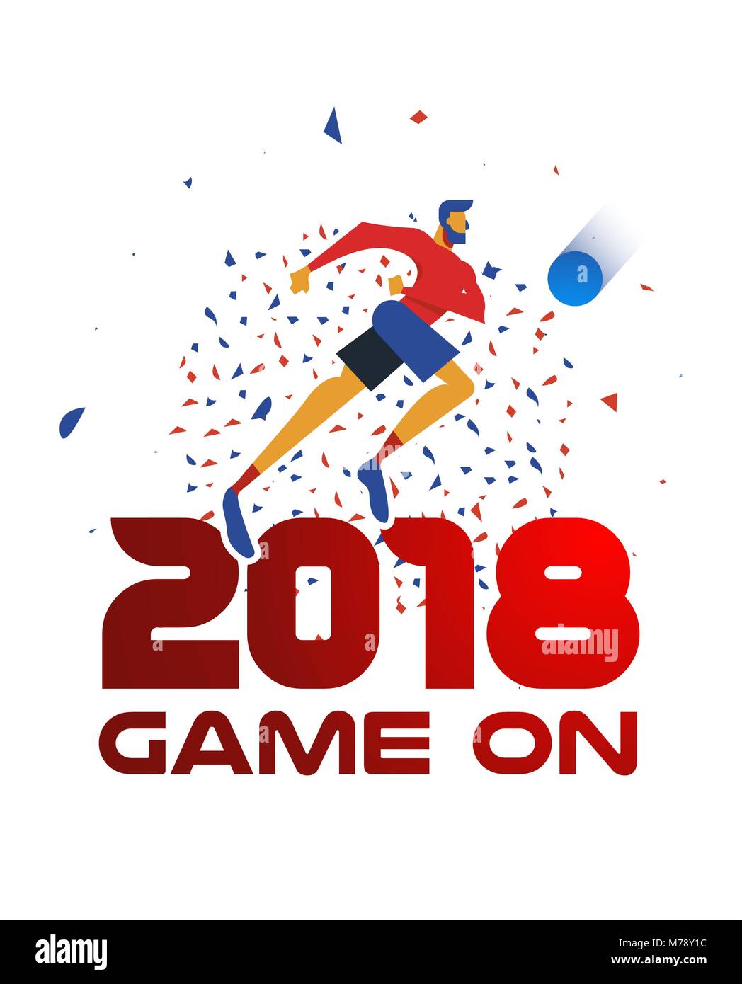 Festliche Plakatgestaltung für einen Sport 2018 Veranstaltung. Fußball-Spieler mit Ball mit Konfetti Hintergrund und Typografie Zitat in roter Farbe. EPS 10 Vektor. Stock Vektor