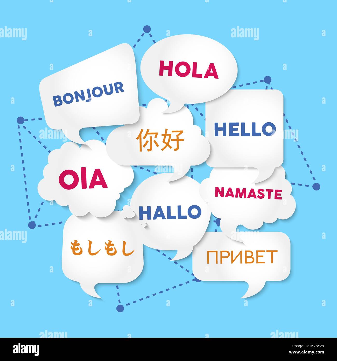 Chat Blasen mit Hallo Wort in verschiedenen Sprachen, Konzeption Illustration für die Übersetzung Idee oder die internationale Kommunikation. EPS 10 Vektor. Stock Vektor