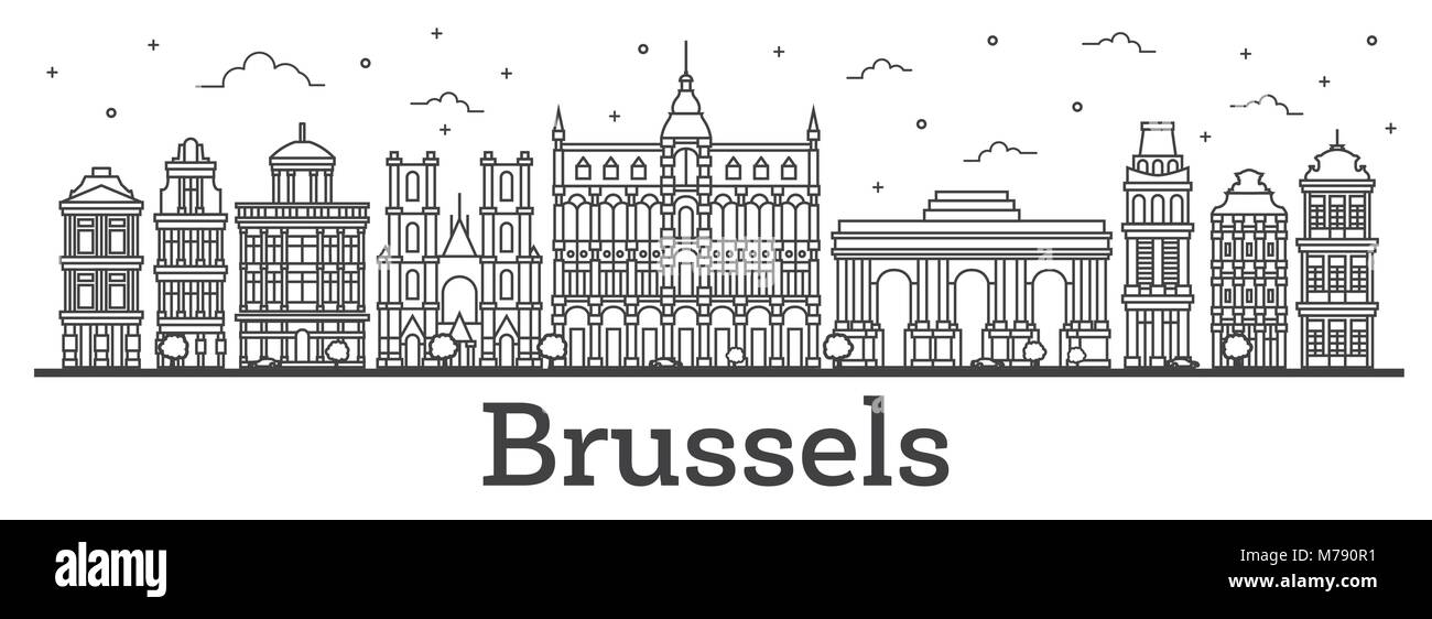 Übersicht Brüssel Belgien Skyline der Stadt mit historischen Gebäuden isoliert auf Weiss. Vector Illustration. Brüssel Stadtbild mit Sehenswürdigkeiten. Stock Vektor