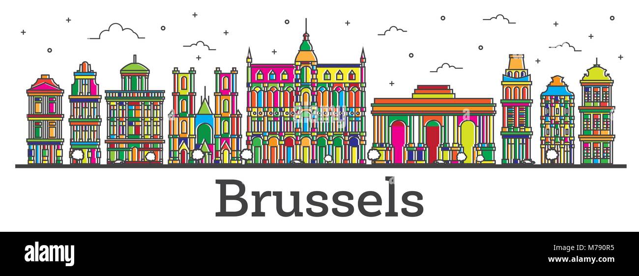 Übersicht Brüssel Belgien Skyline der Stadt mit Farbe Gebäude isoliert auf Weiss. Vector Illustration. Brüssel Stadtbild mit Sehenswürdigkeiten. Stock Vektor