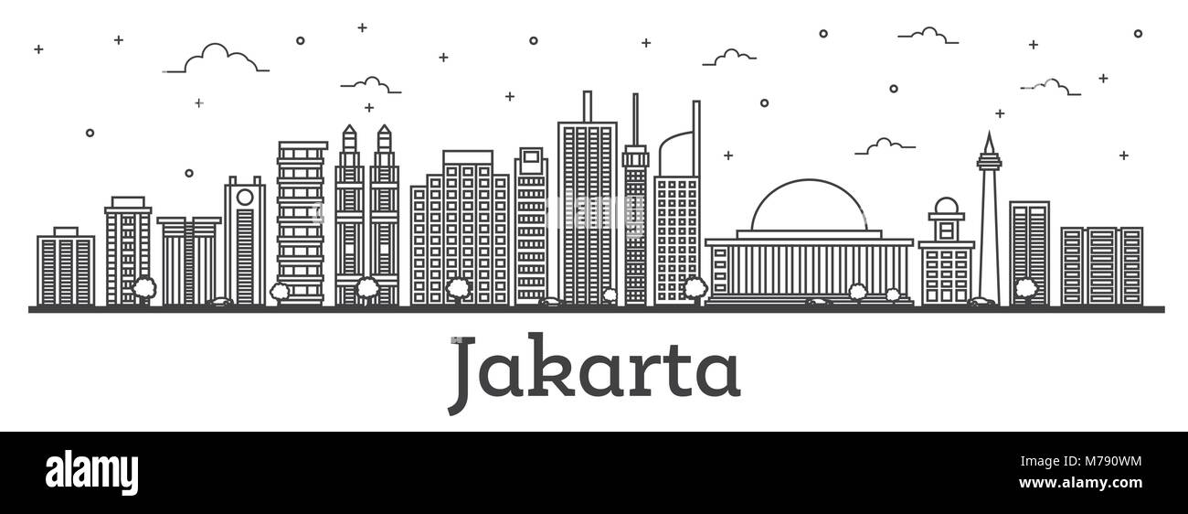 Umrisse Jakarta Indonesien Skyline der Stadt mit modernen Gebäuden isoliert auf Weiss. Vector Illustration. Jakarta Stadtbild mit Sehenswürdigkeiten. Stock Vektor