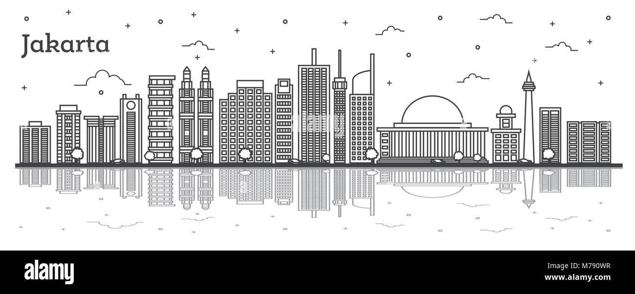 Umrisse Jakarta Indonesien Skyline der Stadt mit modernen Gebäuden und Reflexionen isoliert auf Weiss. Vector Illustration. Jakarta Stadtbild mit Sehenswürdigkeiten. Stock Vektor