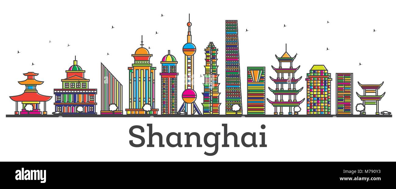 Übersicht Shanghai China Skyline der Stadt mit modernen Gebäuden isoliert auf Weiss. Vector Illustration. Shanghai Stadtbild mit Sehenswürdigkeiten. Stock Vektor
