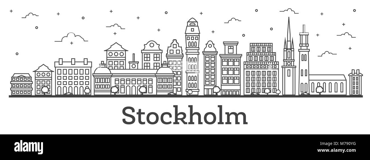 Umrisse Stockholm Schweden Skyline der Stadt mit historischen Gebäuden isoliert auf Weiss. Vector Illustration. Stockholm Stadtbild mit Sehenswürdigkeiten. Stock Vektor