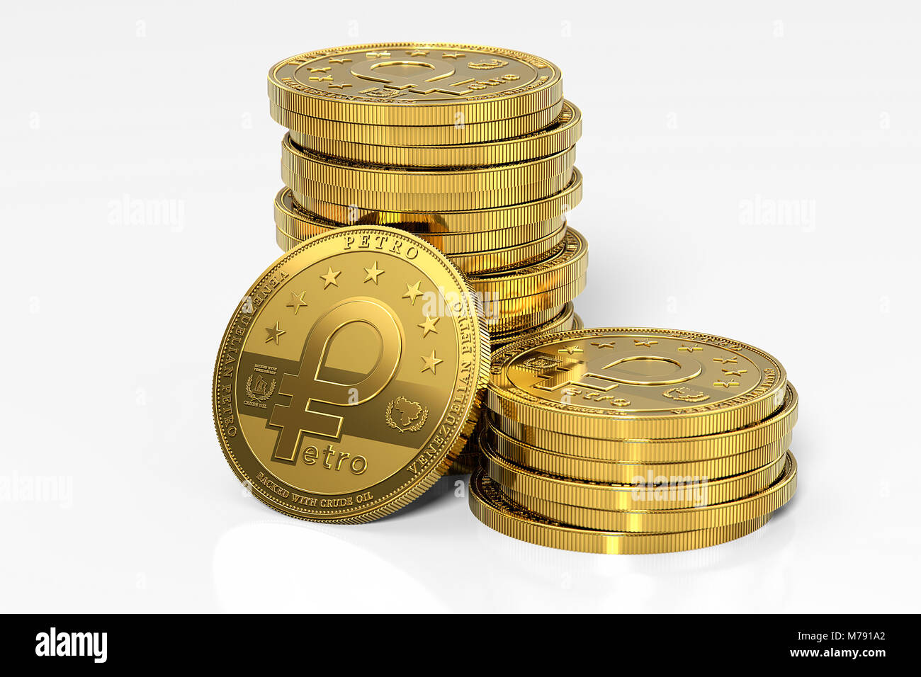 Stapel von Golden venezolanischen Petro, das Öl gesichert cryptocurrency Münze, auf weißem Hintergrund. 3D-Rendering Stockfoto