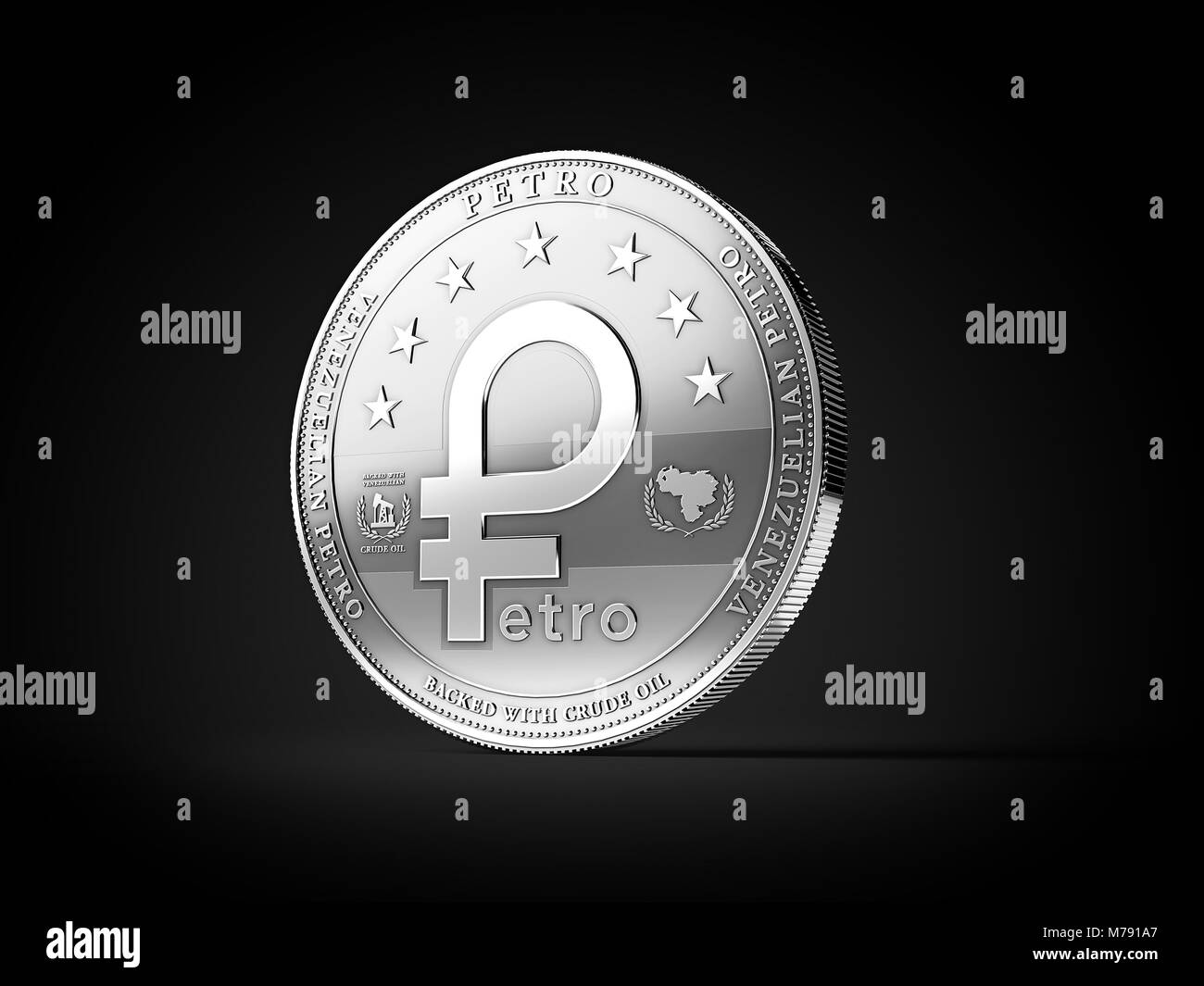 Silber venezolanischen Petro, das Öl cryptocurrency Münze, auf schwarzem Hintergrund gesichert. 3D-Rendering Stockfoto
