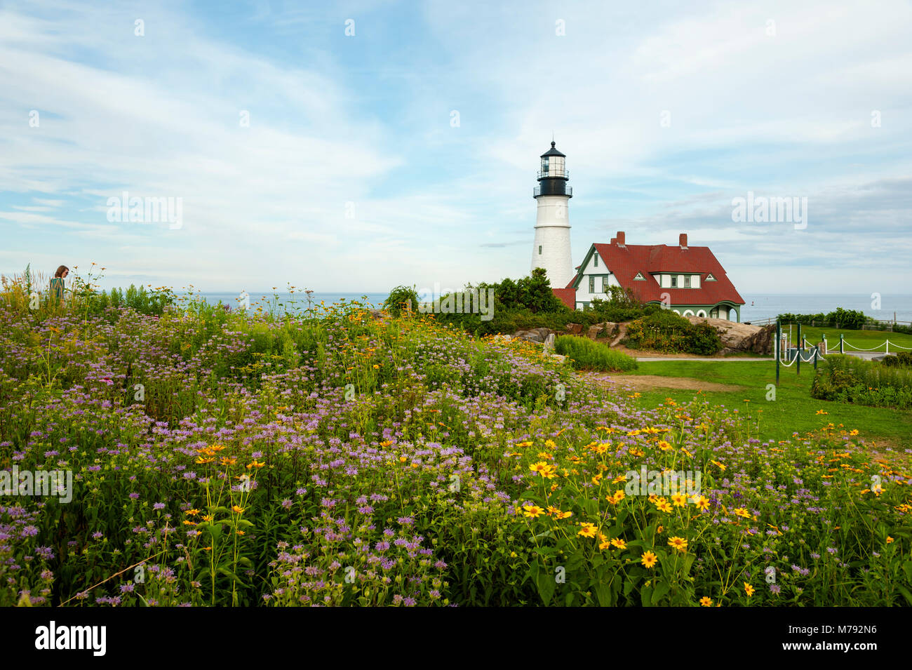 Wildblumen umgeben Portland Head Lighthouse an einem warmen Summ er Tag in Maine. Es ist Maine's älteste Leuchtfeuer. Stockfoto