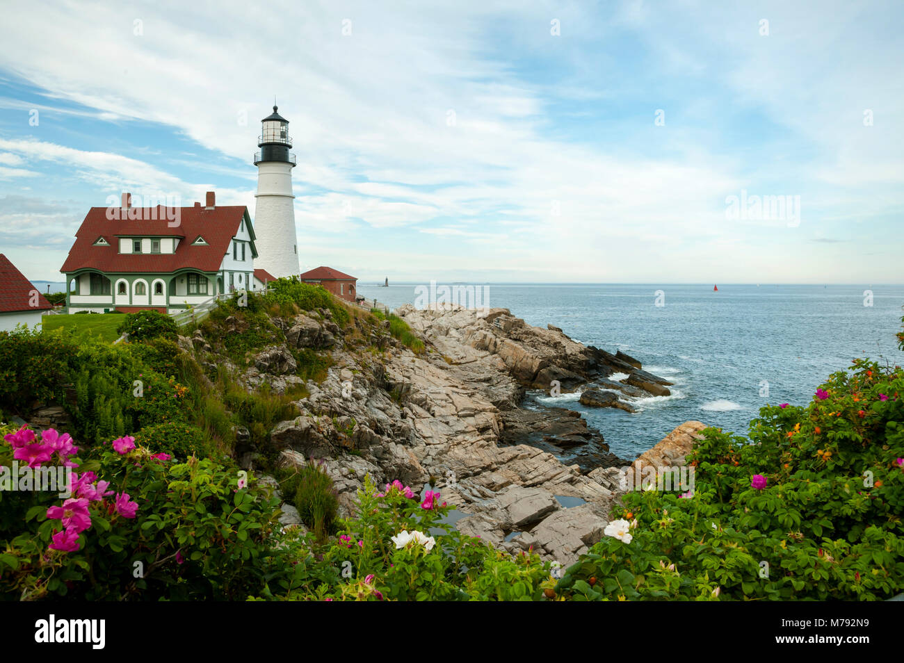 Portland Head Lighthouse von Felsen, Meer und Strand umgeben, Rosen an einem warmen Sommertag in Maine. Stockfoto