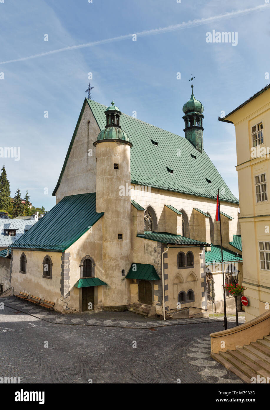 Banska Stiavnica historischen Saint Catherine Kirche und Rathaus, Slowakische Republik. Stockfoto