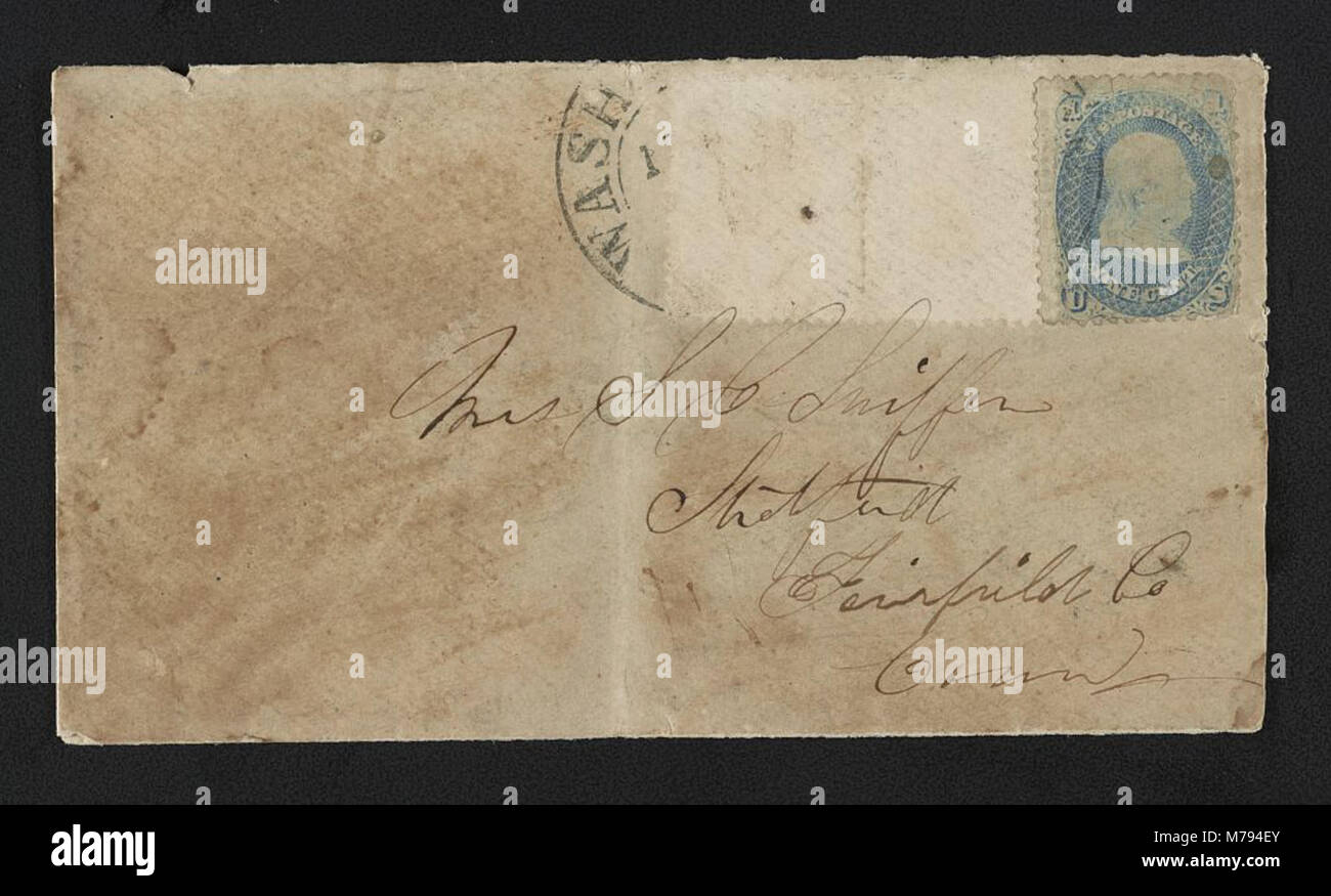 Ein Umschlag aus dem Bürgerkrieg mit dem Kapitolgebäude auf der Rückseite, mit einer Botschaft von Captain John W. Sterling von der 2. Connecticut Battery, die die Verbindung zwischen dem Krieg und nationalen Symbolen zeigt. Stockfoto