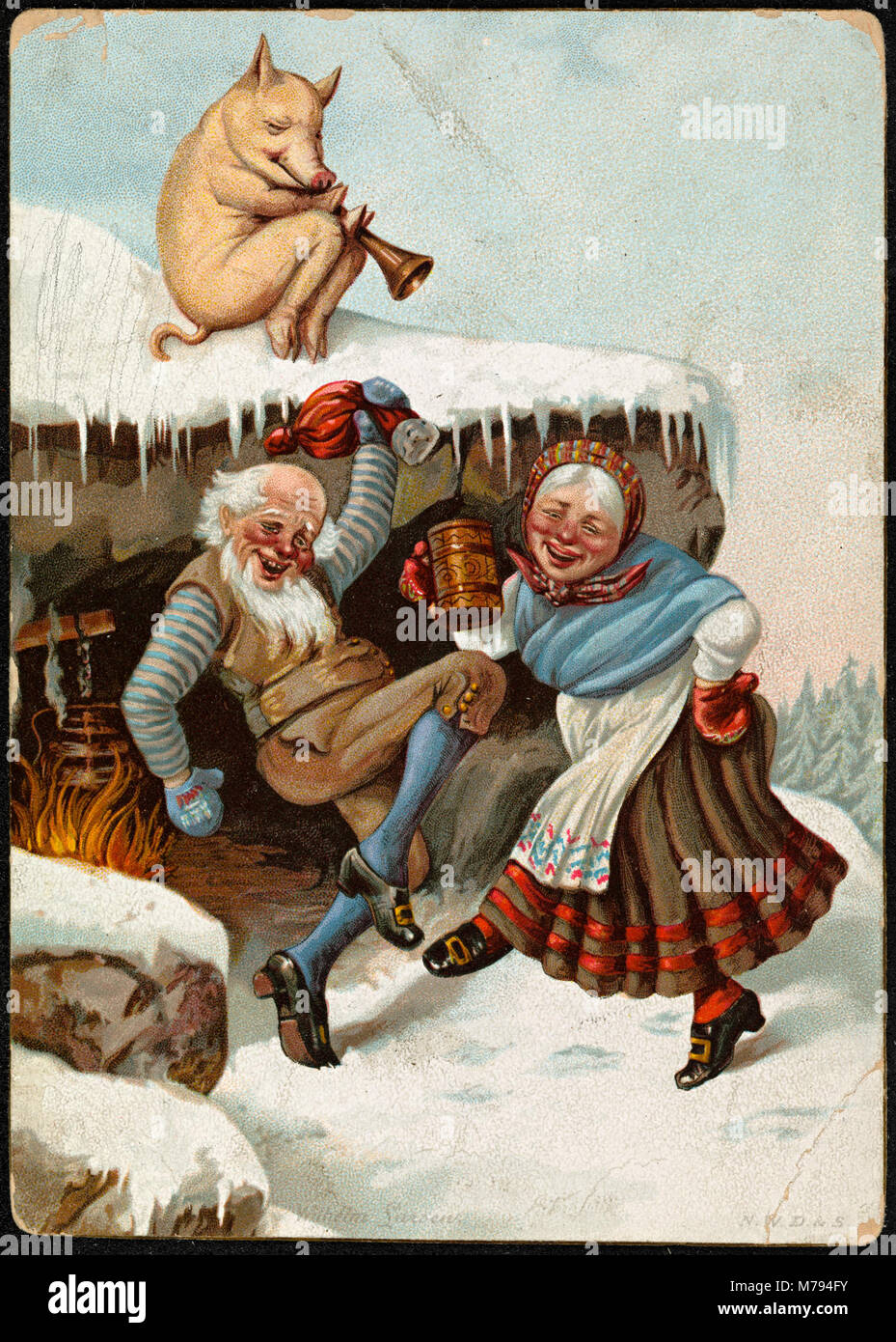 Eine Illustration mit Weihnachtsmotiven von Wilhelm Larsen, die eine humorvolle Szene darstellt, die wahrscheinlich die festliche Jahreszeit mit einem verspielten und leichtsinnigen Ton feiert. Stockfoto