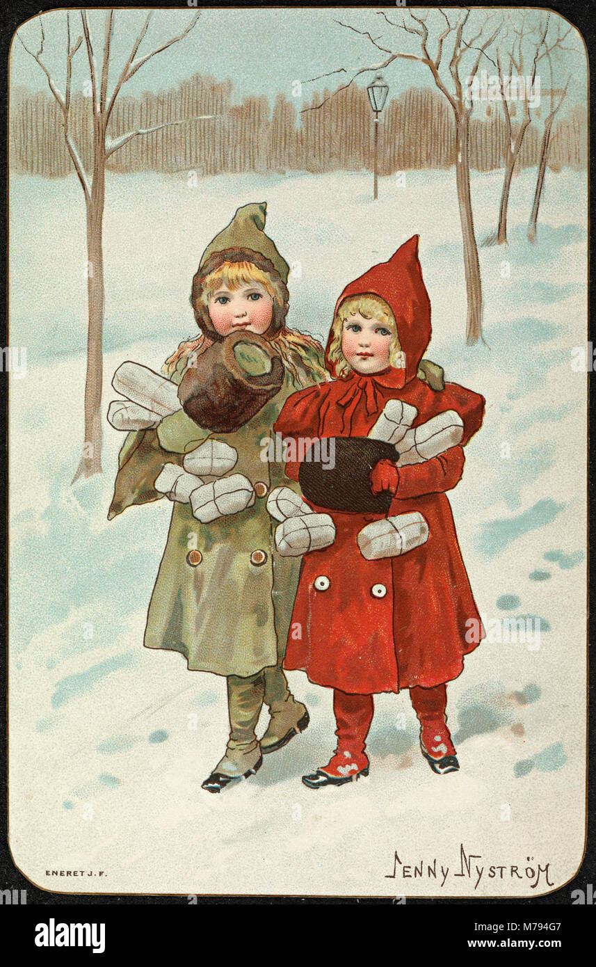 Ein Weihnachtsmotiv von Jenny Nyström mit traditionellem skandinavischem Weihnachtsdesign. Nyström war bekannt für ihre Illustrationen, insbesondere zu Weihnachtsthemen, die zur schwedischen Urlaubskultur beitragen. Stockfoto