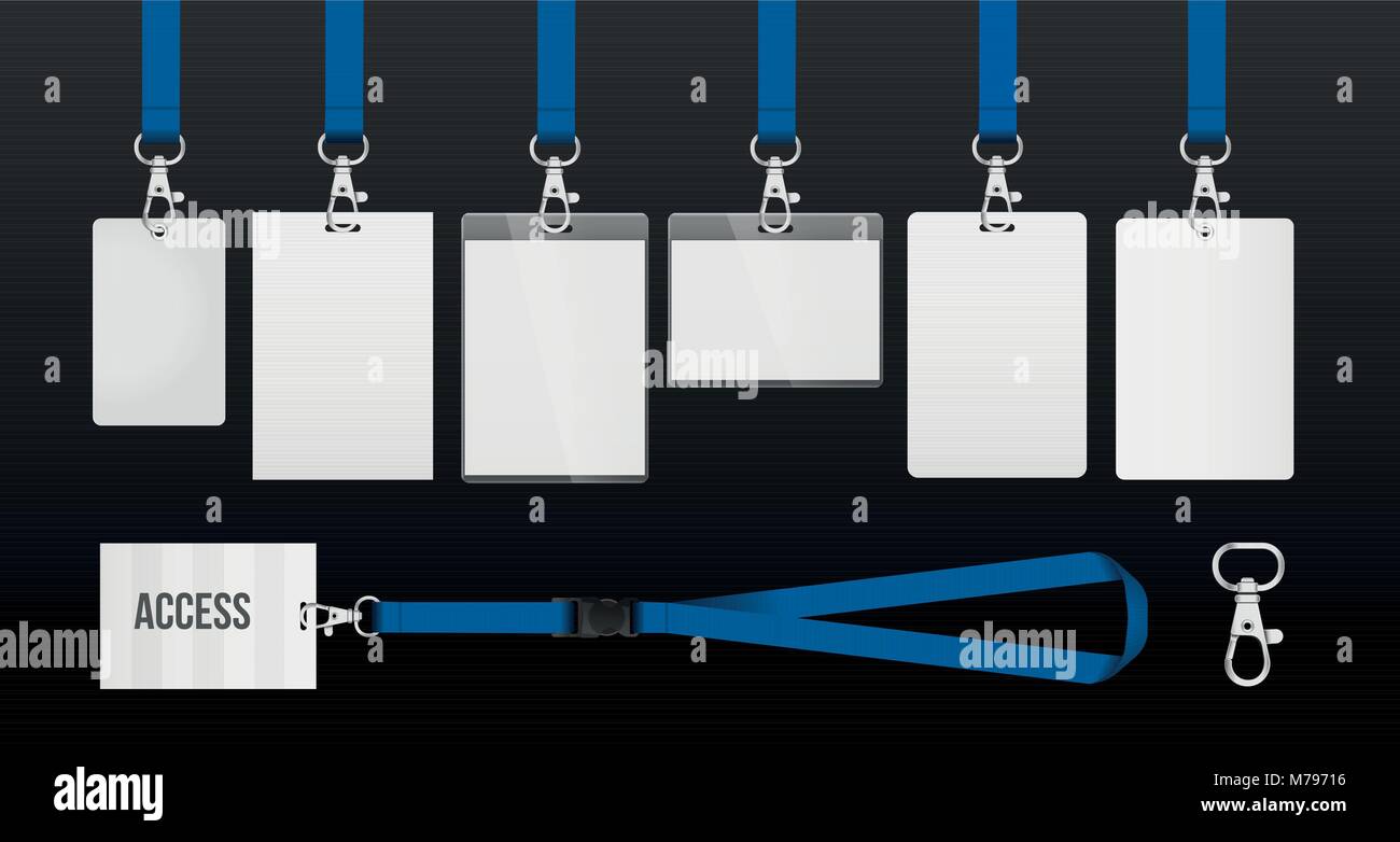 Satz von Lanyards mit Etiketten von unterschiedlichen Formaten. Lanyards für die Zugangskontrolle, die Sicherheit oder die Identifikation. Abbildung: Lanyards mit Metallverschluss Stock Vektor