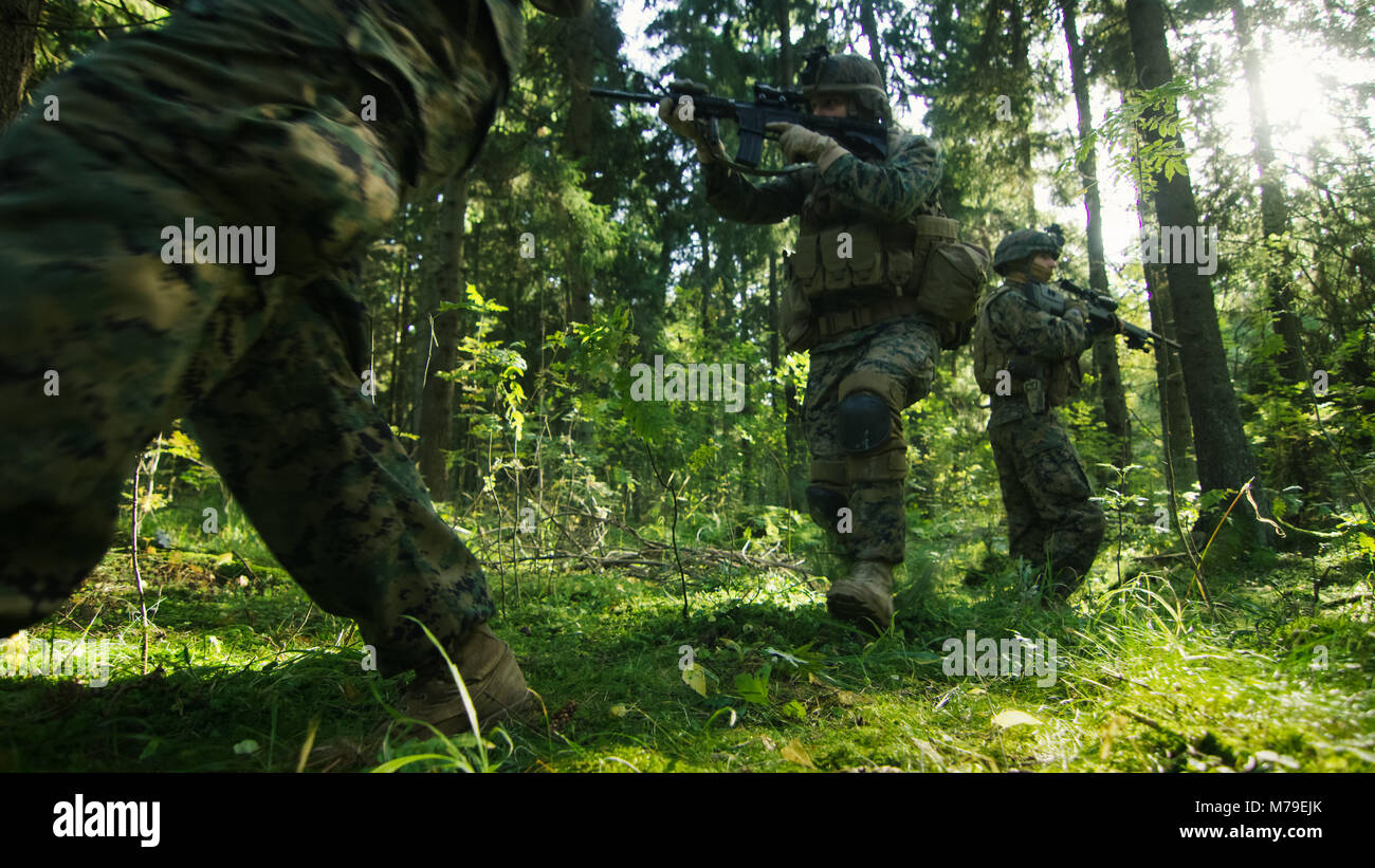 Gruppe von fünf voll ausgestatteten Soldaten in der Tarnung auf eine Aufklärung militärische Mission, die Gewehre. Sie bewegen sich in der Ausbildung durch den Wald. Stockfoto