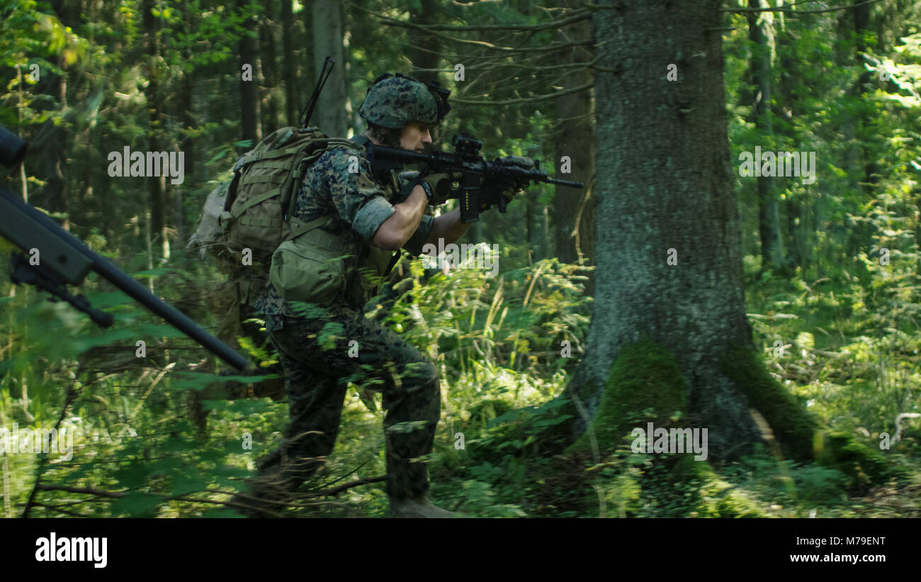 Kader von voll ausgestatteten Soldaten in der Tarnung auf eine Aufklärung militärische Mission, Gewehre in Anschlag. Sie läuft durch den Wald. Stockfoto