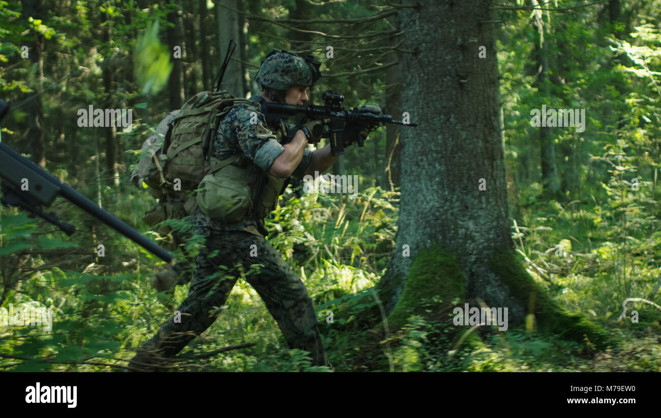 Kader von voll ausgestatteten Soldaten in der Tarnung auf eine Aufklärung militärische Mission, Gewehre in Anschlag. Sie läuft durch den Wald. Stockfoto